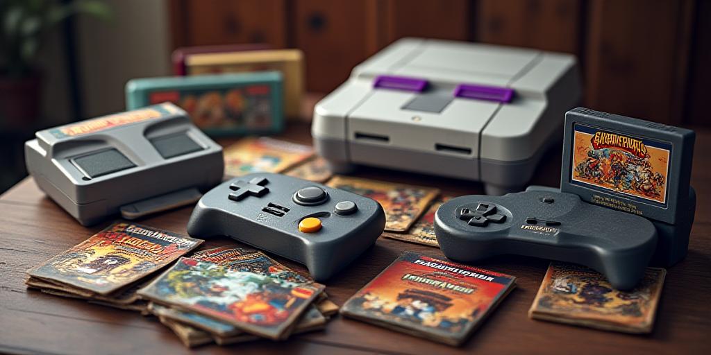 Retro video game cartridges, consoles and controllers
